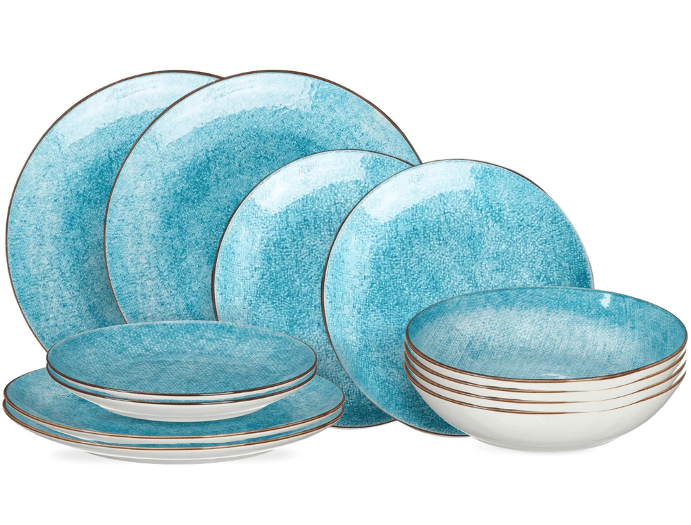 Cookinglife Geschirrset Tela Blau Porzellan 12-teilig / 4 Personen - 4 Speiseteller, 4 Frühstücksteller und 4 tiefe Teller