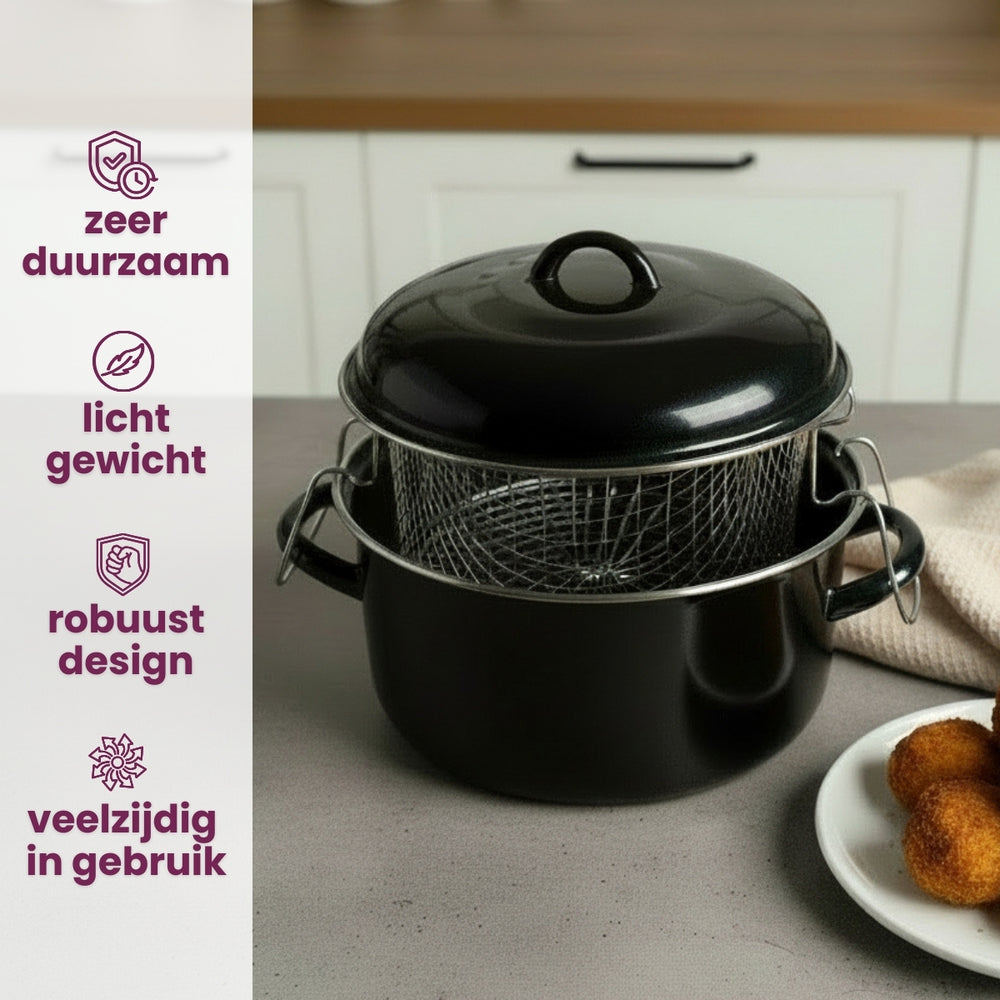 Cookinglife Emaille Oliebollenpfanne / Fritteuse - Bräter - mit Mand - Kochen - ø 24 cm