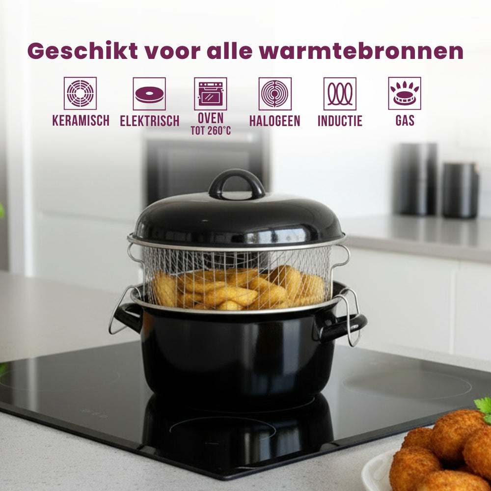 Cookinglife Emaille Oliebollenpfanne / Fritteuse - Bräter - mit Mand - Kochen - ø 24 cm