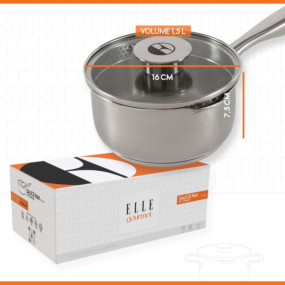 ELLE Gourmet Classique Steelpan met Deksel - Ø 16cm  - Zonder anti-aanbaklaag - RVS