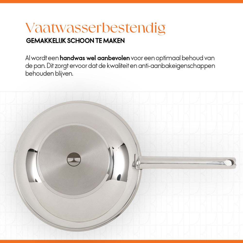 ELLE Gourmet Moderne Wokpan met Deksel - Ø 28 cm  - Zonder anti-aanbaklaag - RVS