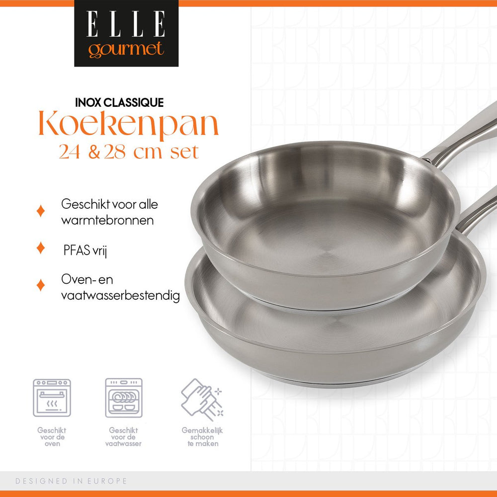 ELLE Gourmet Classique Bratpfannenset – Ø 24 &amp; 28 cm – Ohne Antihaftbeschichtung – Edelstahl