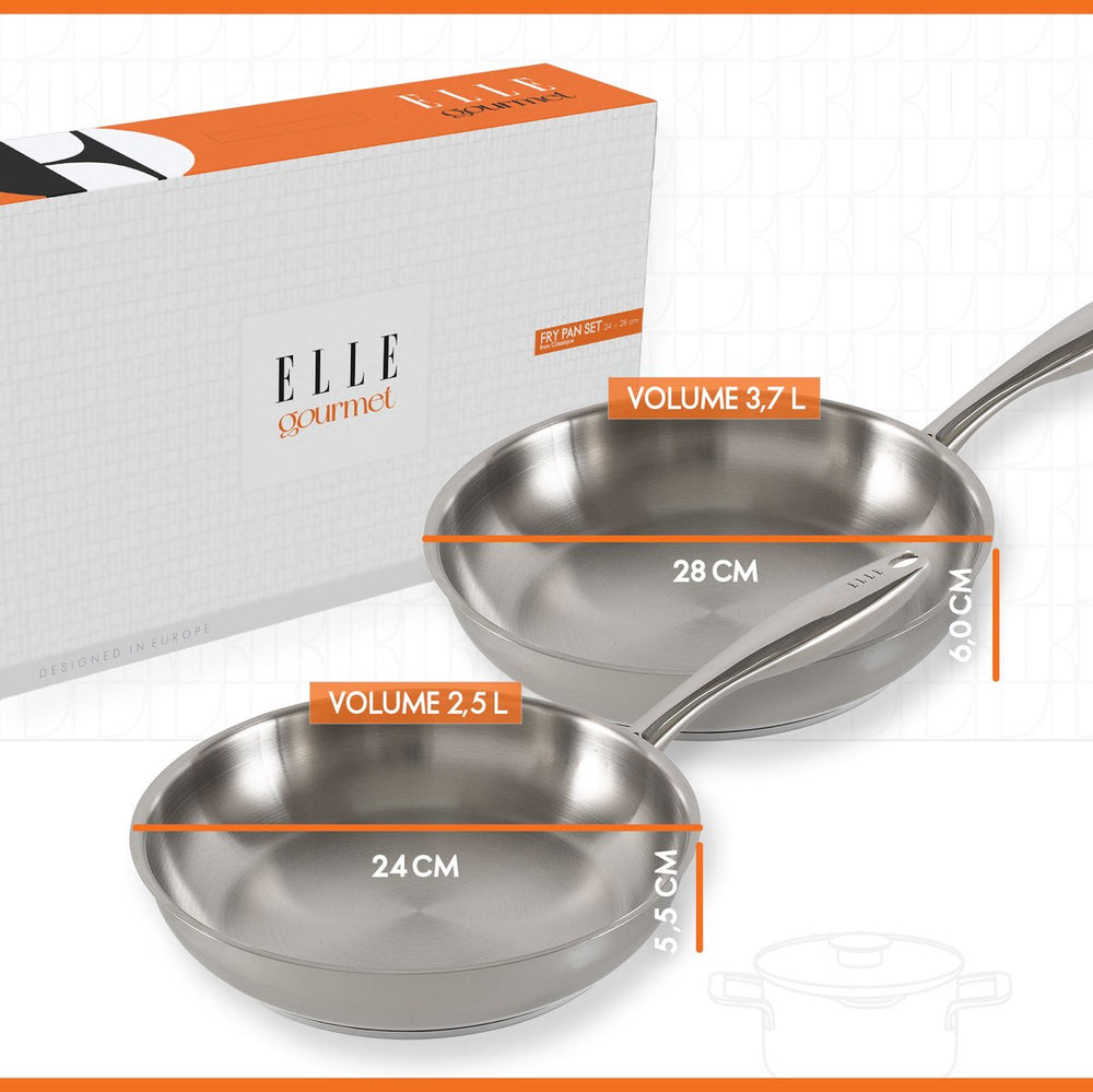 ELLE Gourmet Classique Bratpfannenset – Ø 24 &amp; 28 cm – Ohne Antihaftbeschichtung – Edelstahl