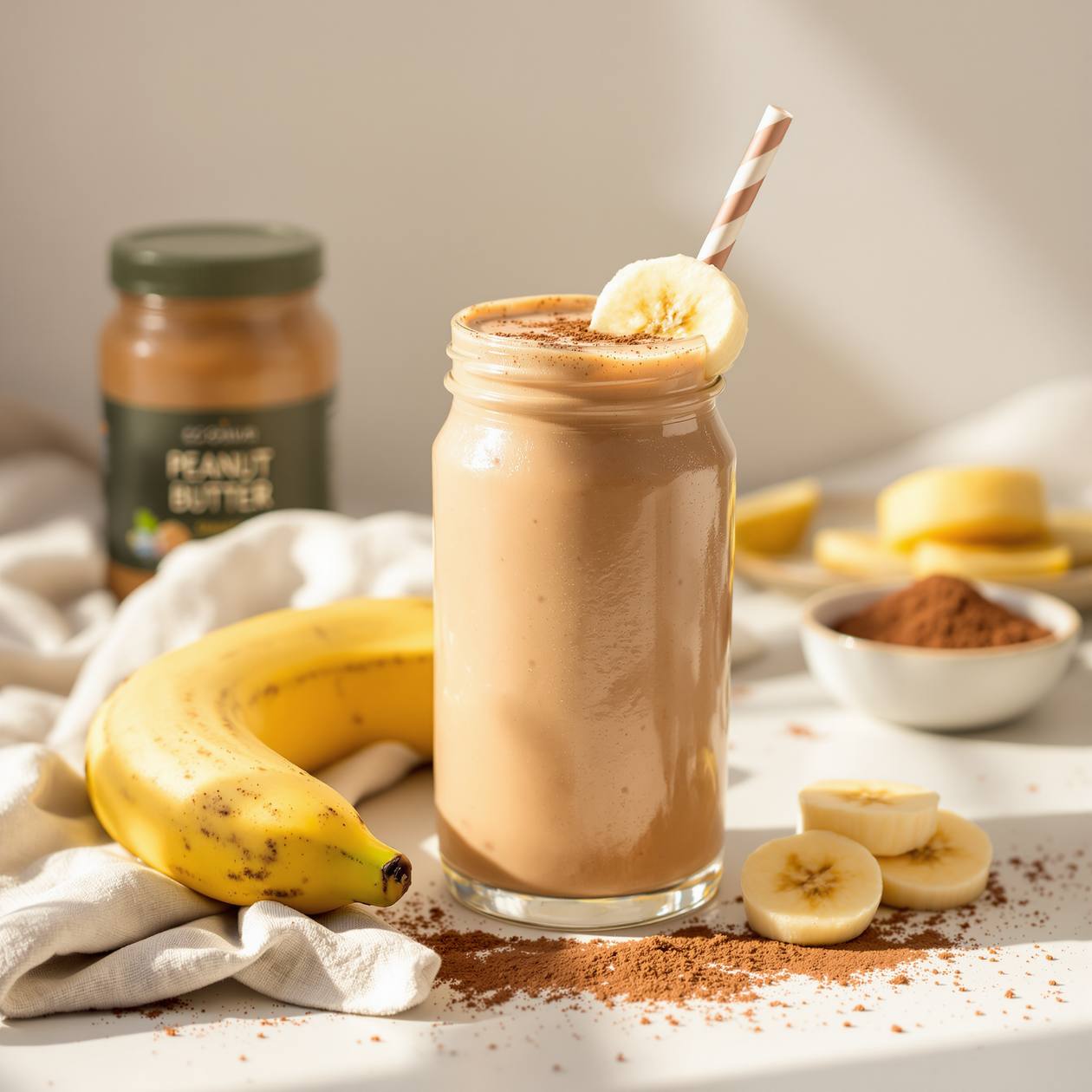 Köstlicher Smoothie mit Erdnussbutter, Schokolade und Banane!