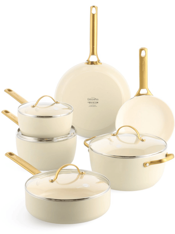 GreenPan Topfset Padova Reserve Cremeweiß 6-teiliges – Keramik-Antihaftbeschichtung – Kochtopf ø 24 cm, Stielkasserolle ø 18, 20 cm, Bratpfanne ø 20, 28 cm und Sauteuse ø 24 cm
