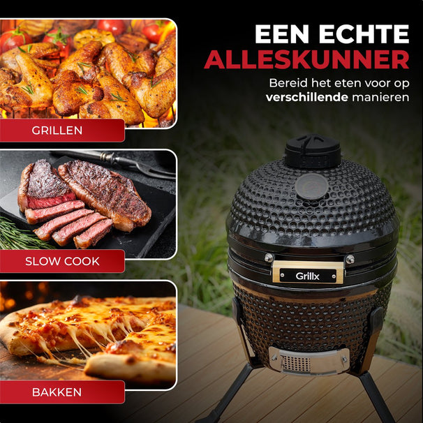 GrillX Kamado 13 Zoll - inklusive Abdeckhaube - Barbecue Egg - Holzkohlegrill - Schwarz - Ø 27 cm
