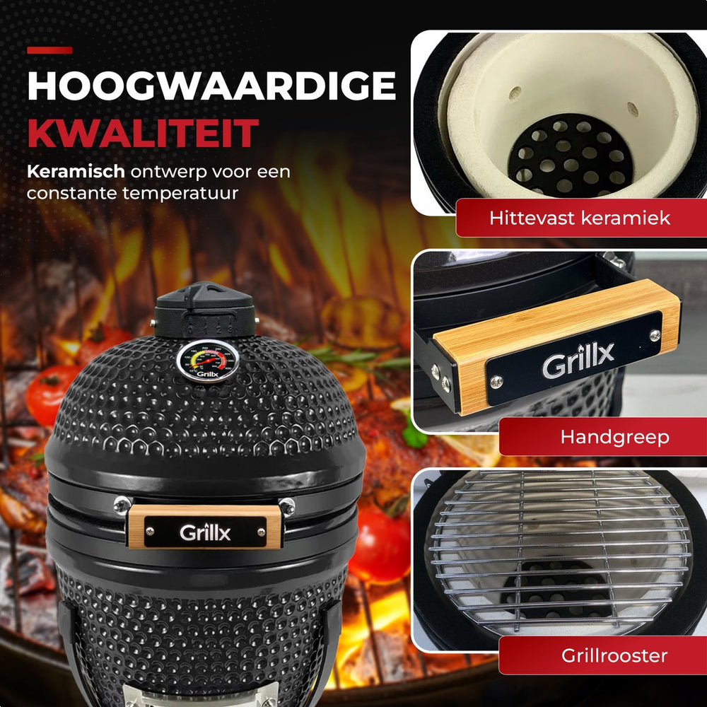 GrillX Kamado 13 Zoll - inklusive Abdeckhaube - Barbecue Egg - Holzkohlegrill - Schwarz - Ø 27 cm