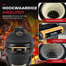 GrillX Kamado 13 Zoll - inklusive Abdeckhaube - Barbecue Egg - Holzkohlegrill - Schwarz - Ø 27 cm