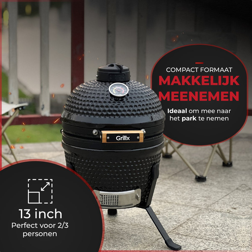 GrillX Kamado 13 Zoll - inklusive Abdeckhaube - Barbecue Egg - Holzkohlegrill - Schwarz - Ø 27 cm
