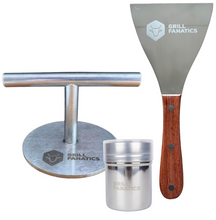 Grill Fanatics Smashburger Kit 12cm Edelstahl Holz - Presse Spatel Gewürzstreuer