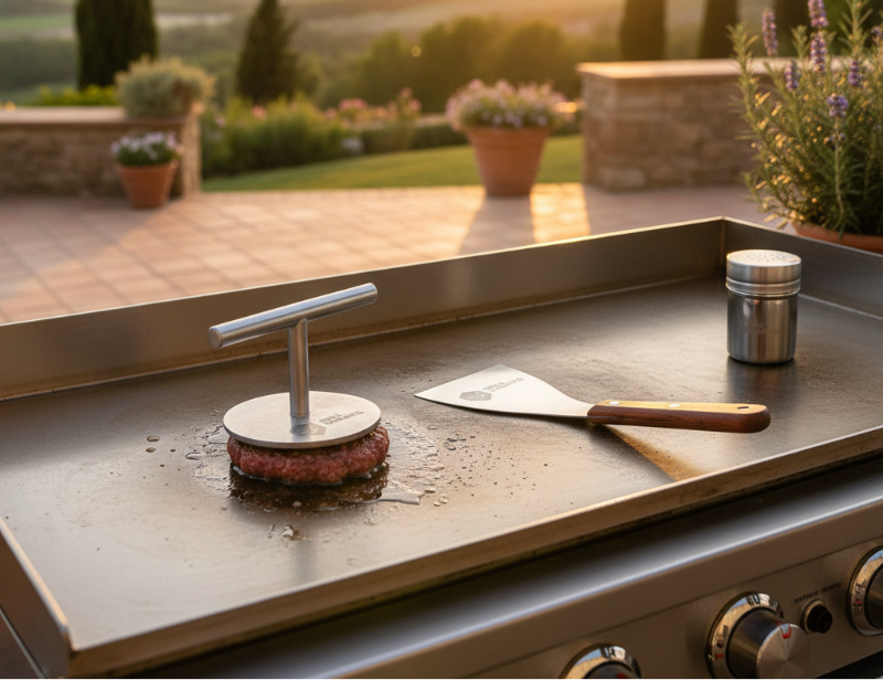 Grill Fanatics Smashburger Kit 12cm Edelstahl Holz - Presse Spatel Gewürzstreuer