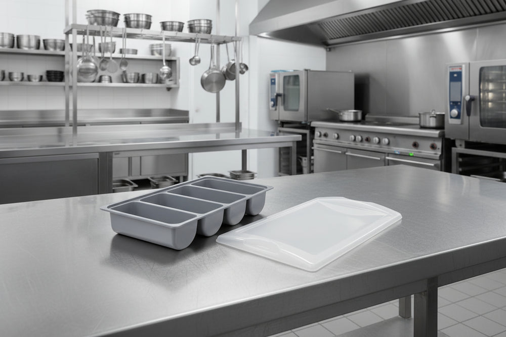 Hendi Besteckkasten, 4 Fächer, GN 1/1 + Deckel – Grau