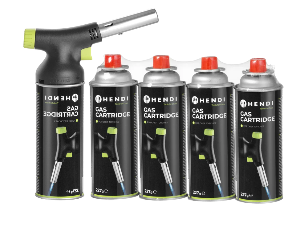 Hendi Creme Brulee Brenner / Kochbrenner - mit Gaszylinder - Jet + Butan Gas Nachfüllung - 4 Stück