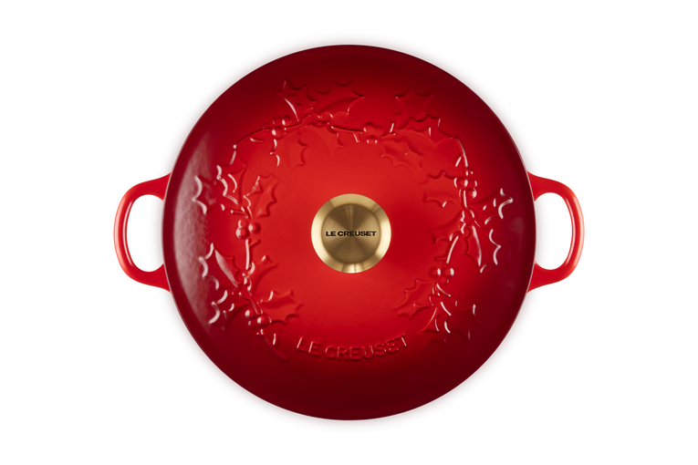 Le Creuset Marmite Kasserolle mit goldfarbenem Knopf – Holly Christmas – Kirschrot – ø 26 cm / 4,1 Liter