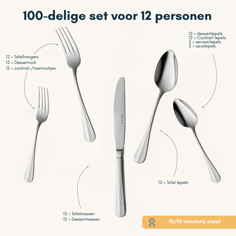 Sola Besteckset Hollands Glatt - 18/10 Edelstahl - 100-teilig / 12 Personen