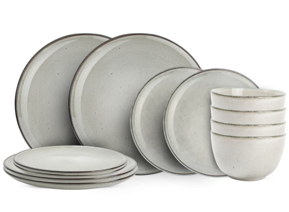 ONA Geschirrset Freckles Grün 12-teilig / 4 Personen - 4 Dinner-Teller, 4 Frühstücksteller und 4 Schalen