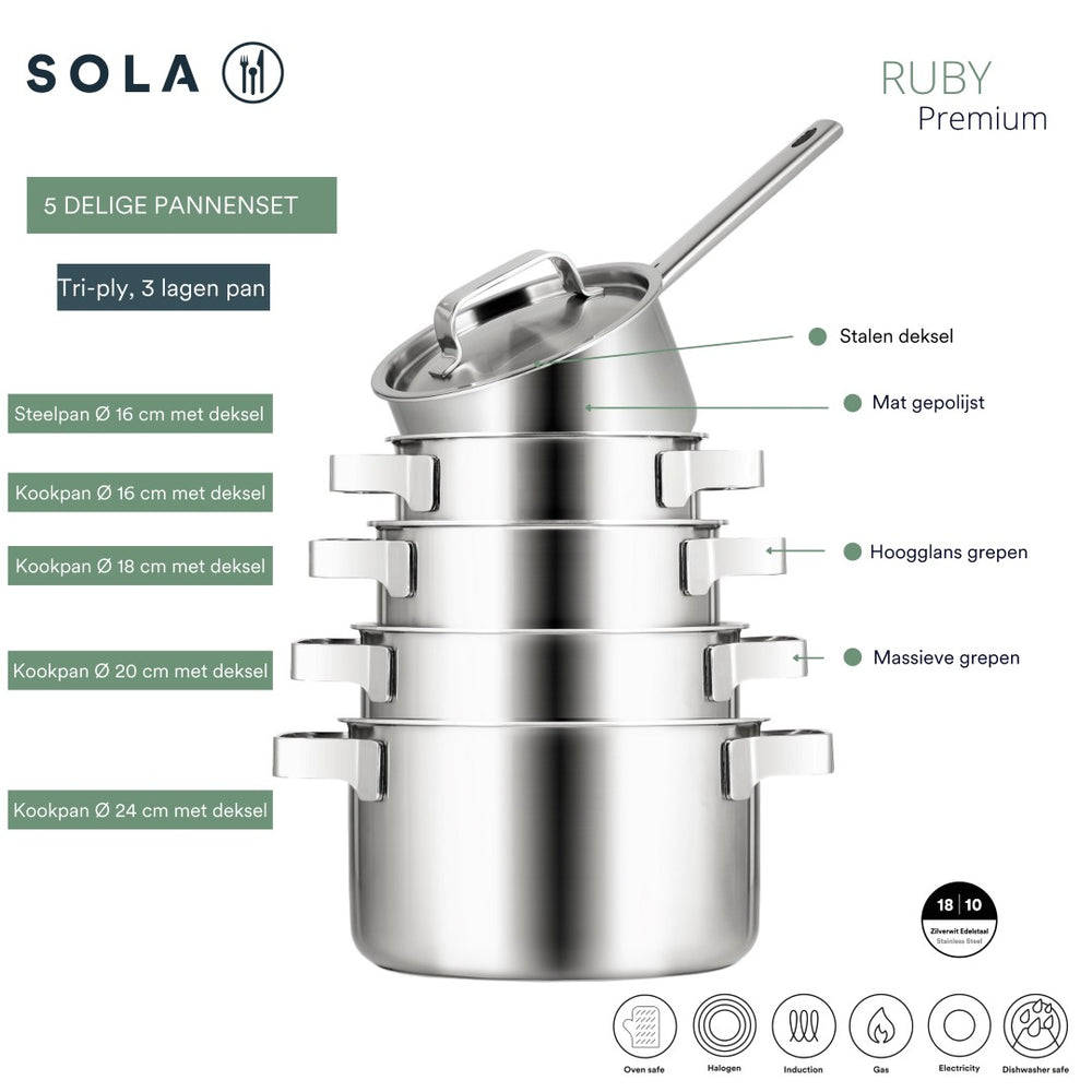 Sola Pannenset Ruby (Kookpan ø 16, 18, 20 & 24 cm, Steelpan ø 16 cm) - Inductie geschikt - 5 Delig