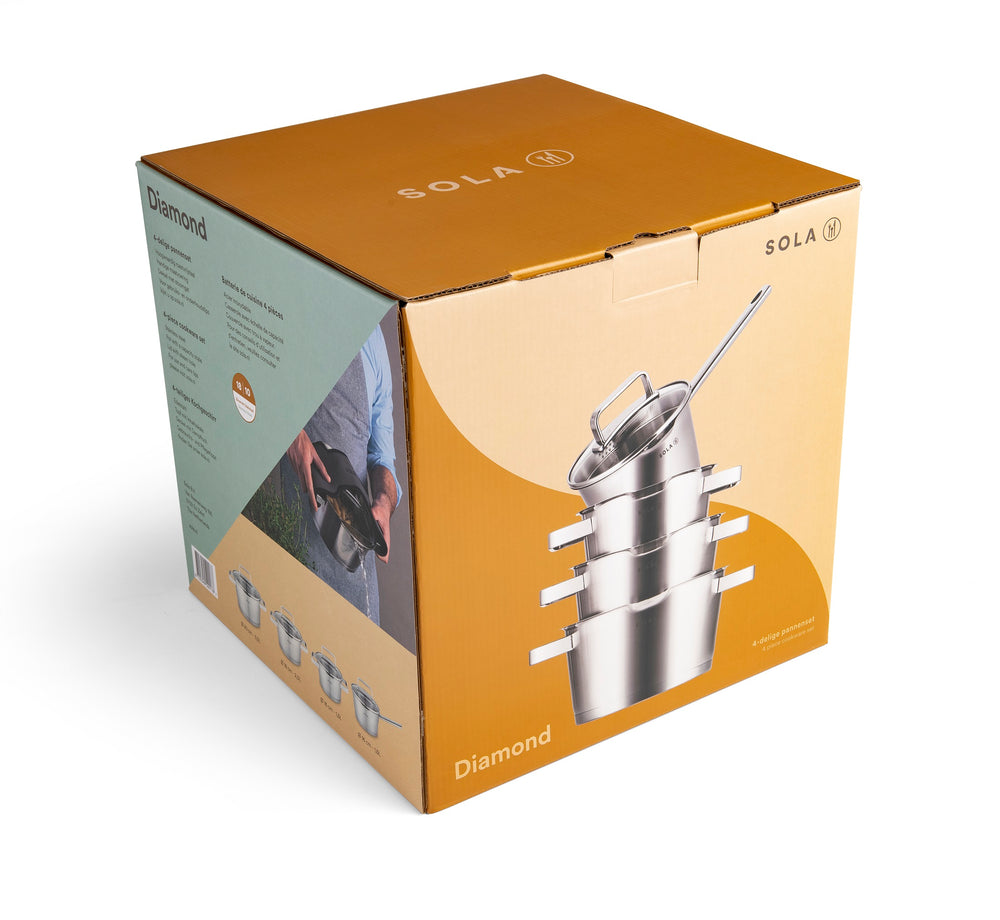 Sola Pfannenset Diamond – Edelstahl – Stielkasserolle ø 16, 18, 20 cm &amp; Stielkasserolle ø 16 cm – Induktionsgeeignet – 4-teilig