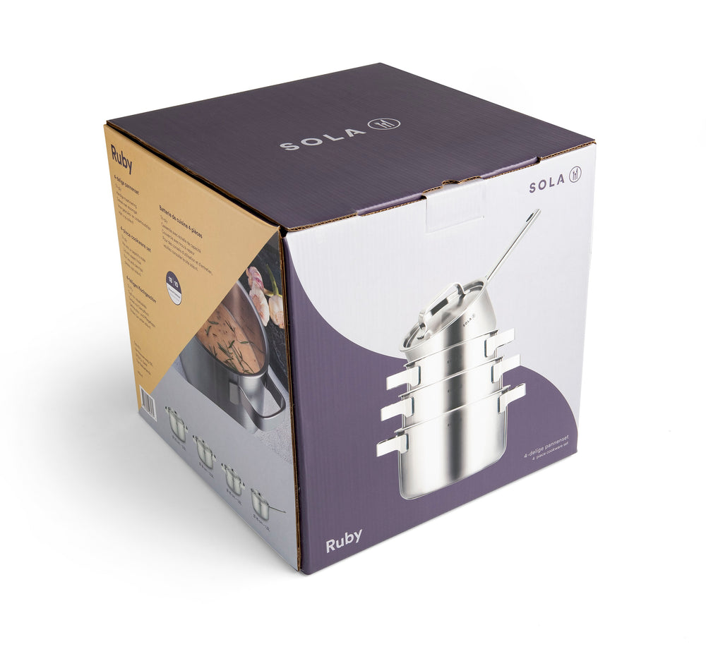 Sola Ruby Pfannenset – Edelstahl – Stieltopf ø 16, 18, 20 cm &amp; Stielkasserolle ø 16 cm – Induktionsgeeignet – 4-teilig
