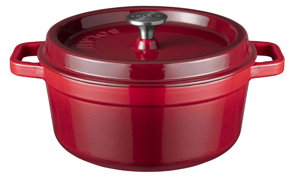 Sola Bratpfanne mit Deckel Gusseisen - Rot - ø 24 cm / 3.2 Liter - emaillierte Antihaftbeschichtung
