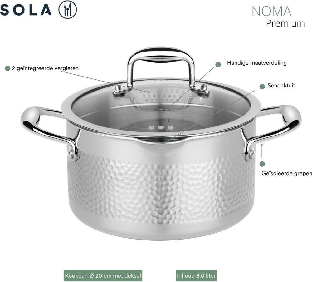 Sola Pannenset Noma (Kookpan ø 16, 18, 20 & 24 cm, Steelpan ø 16 cm) - Tri-ply - 5-delig