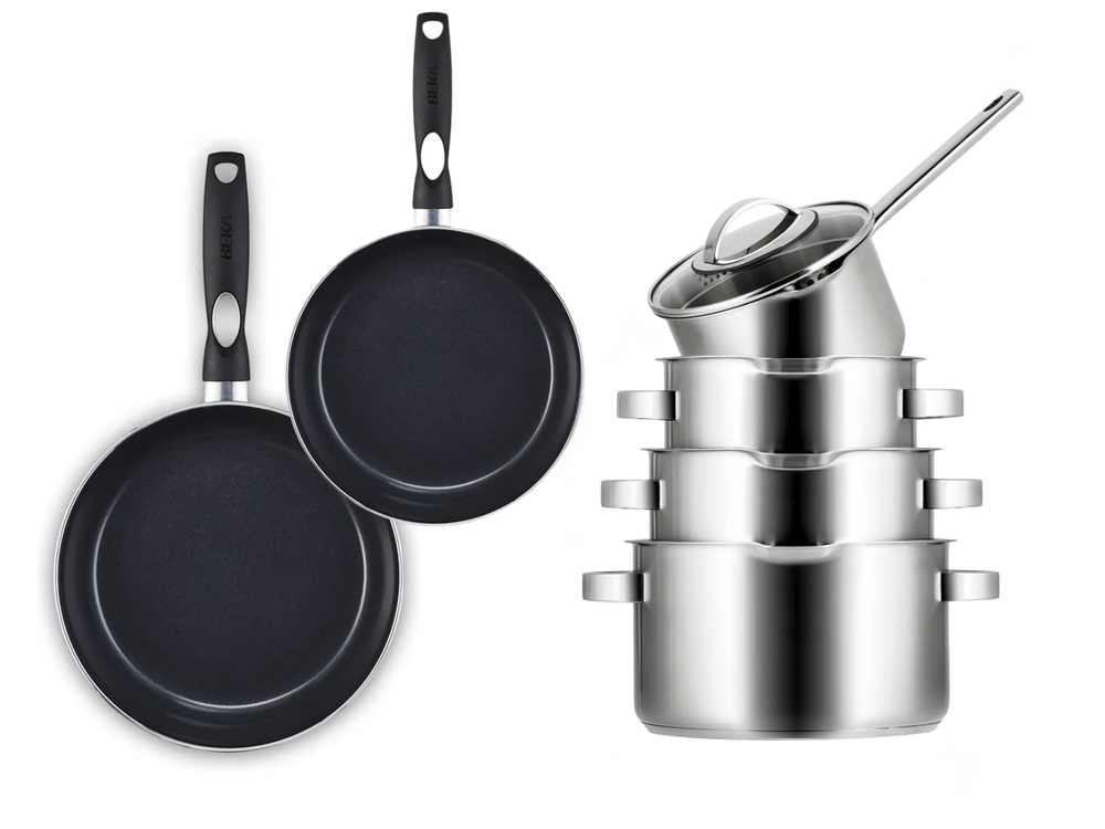Sola Topfset Pearl 6-teilig – Edelstahl – downdraft-geeignet – Kochtöpfe Ø 16, 18, 20 cm & Stieltopf Ø 16 cm + BEKA Bratpfannen Ø 24, 28 cm – geeignet für alle Herdarten