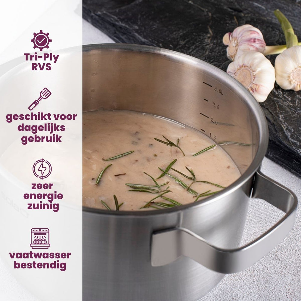 Sola Kochgeschirr Set Ruby 7-teilig Premium Triply RVS - Kochtopf ø 16, 18, 20 und 24 cm und Stielkasserolle ø 16 cm & BEKA Bratpfannen Pro Induc ø 24 & 28 cm