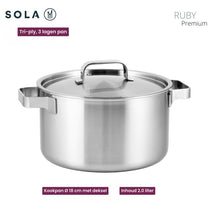 Sola Kochgeschirr Set Ruby 7-teilig Premium Triply RVS - Kochtopf ø 16, 18, 20 und 24 cm und Stielkasserolle ø 16 cm & BEKA Bratpfannen Pro Induc ø 24 & 28 cm