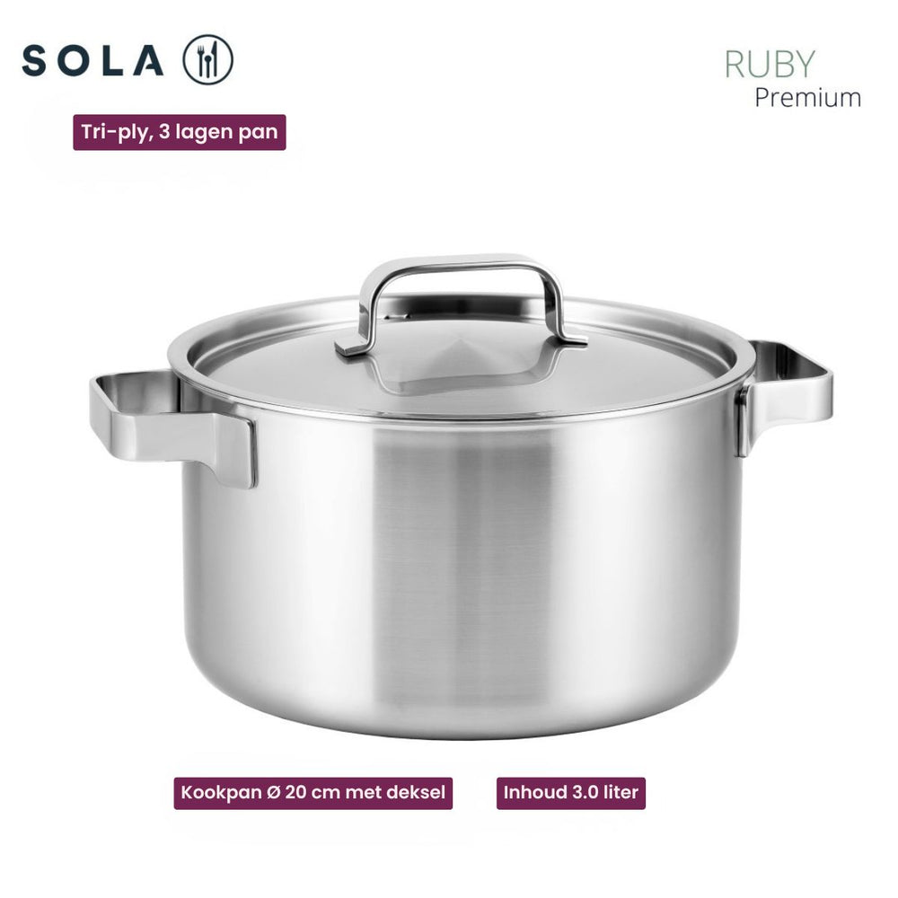Sola Kochgeschirr Set Ruby 7-teilig Premium Triply RVS - Kochtopf ø 16, 18, 20 und 24 cm und Stielkasserolle ø 16 cm & BEKA Bratpfannen Pro Induc ø 24 & 28 cm