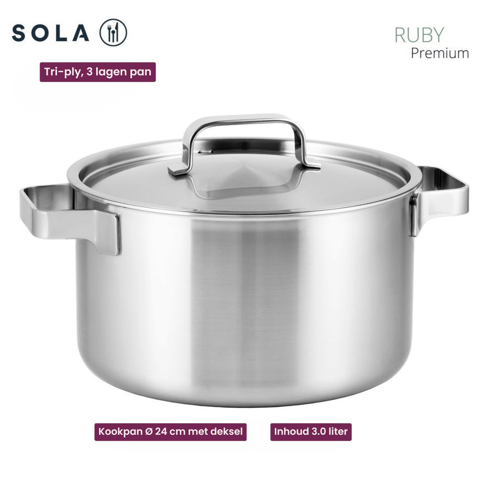 Sola Kochgeschirr Set Ruby 7-teilig Premium Triply RVS - Kochtopf ø 16, 18, 20 und 24 cm und Stielkasserolle ø 16 cm & BEKA Bratpfannen Pro Induc ø 24 & 28 cm