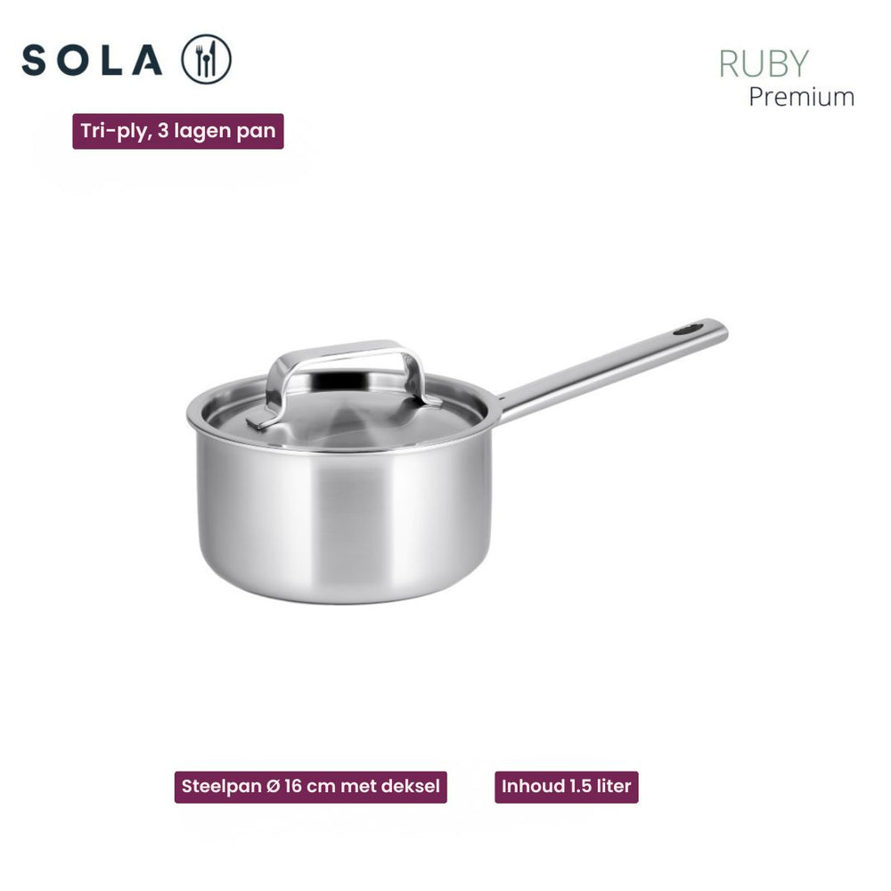 Sola Kochgeschirr Set Ruby 7-teilig Premium Triply RVS - Kochtopf ø 16, 18, 20 und 24 cm und Stielkasserolle ø 16 cm & BEKA Bratpfannen Pro Induc ø 24 & 28 cm