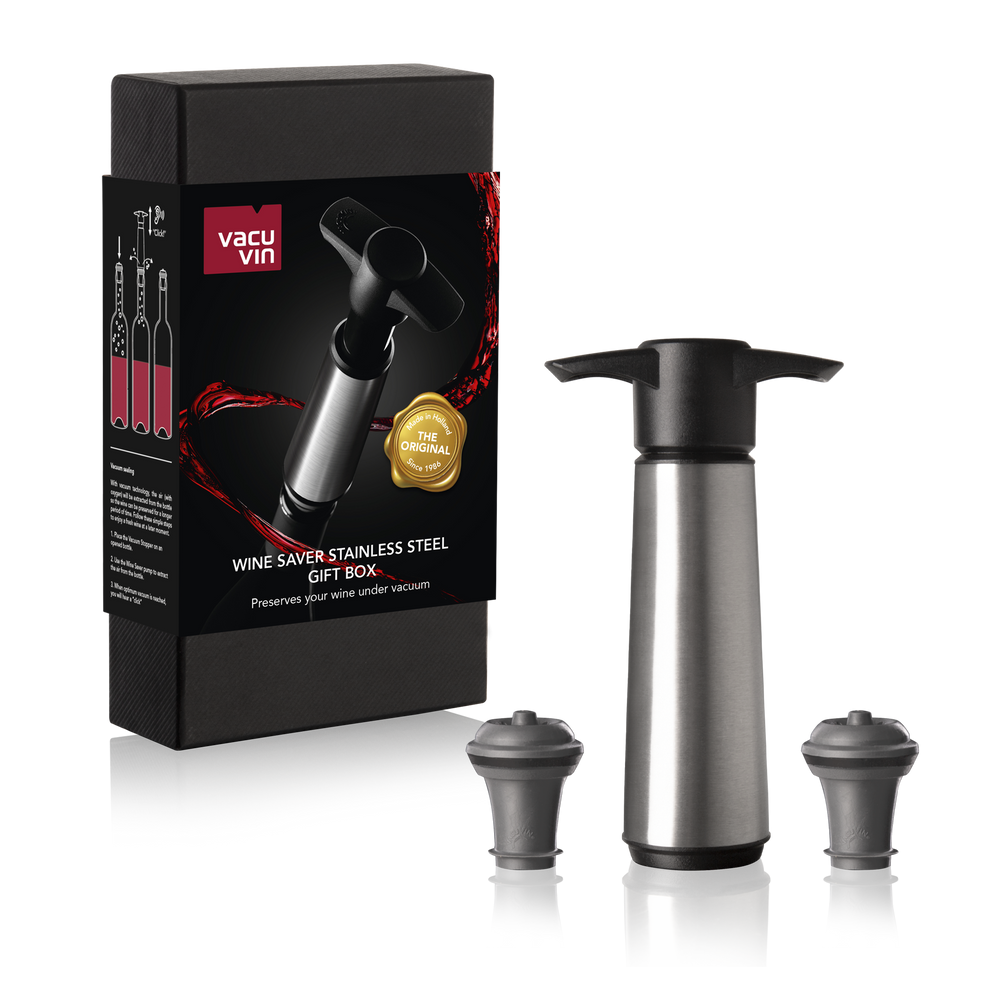 Vacu Vin Weinpumpe - mit 2 Weinverschlüssen - Wine Saver Edelstahl - Silber