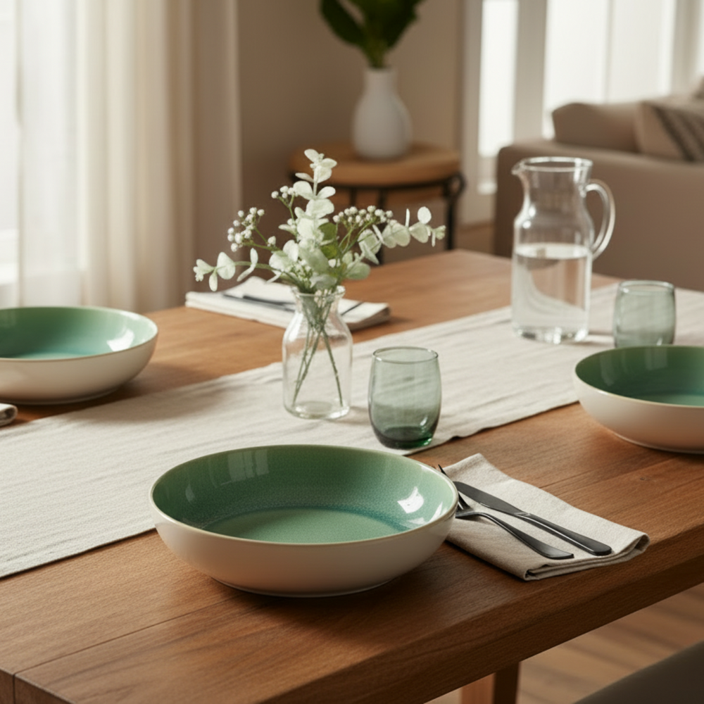 Cookinglife Tiefe Teller / Pastateller, Serene Green, Ø 23 cm – Steingut – 4 Stück