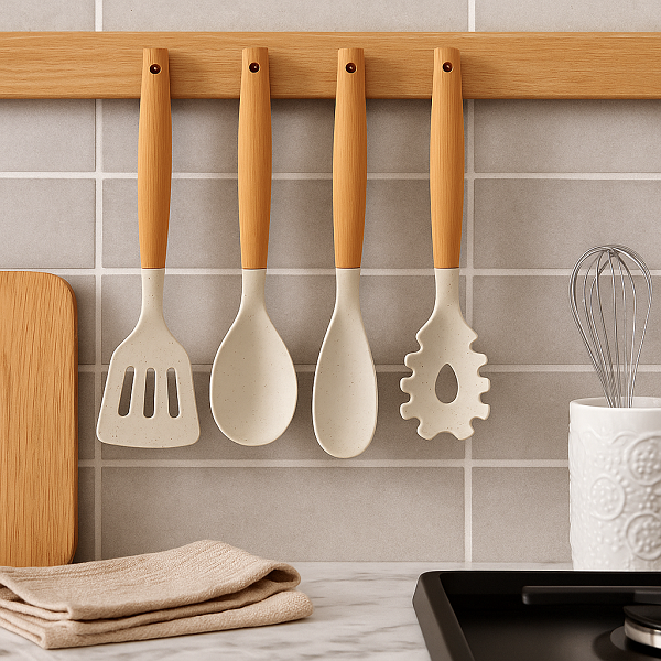 Cookinglife Kochgeschirr Set - Kochgeschirr Set - Holz beige 4-teilig - Pfannenwender, Servierlöffel, Salatlöffel & Spaghettilöffel