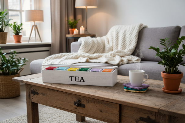 Cookinglife Teebox Holz Weiß 6-Fächer mit Glasdeckel