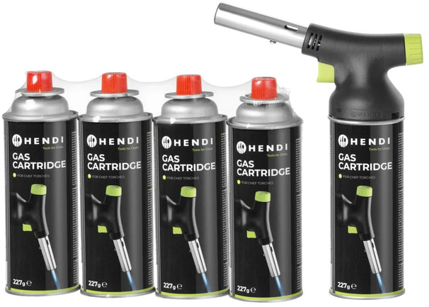 Hendi Creme Brulee Brenner / Kochbrenner - mit Gaszylinder - Jet + Butan Gas Nachfüllung - 4 Stück