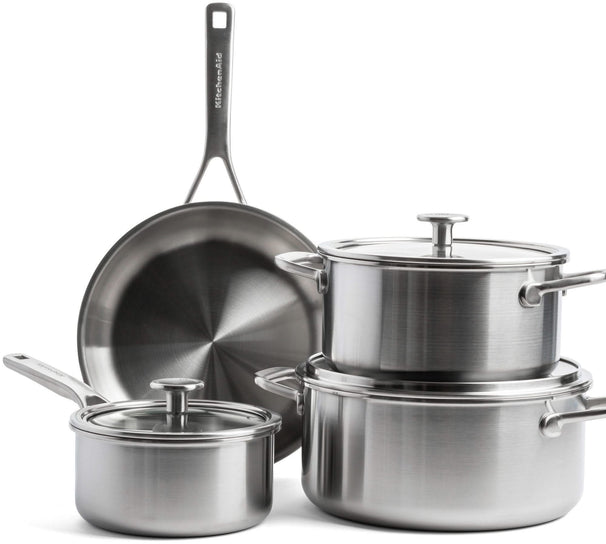 KitchenAid Topfset Multi-Ply 4-teilig - Edelstahl - Kochtöpfe ø 20, 24 cm, Stieltopf ø 16 cm & Bratpfanne ø 24 cm