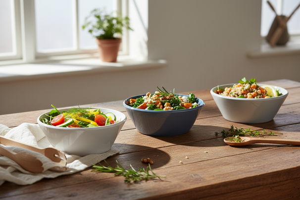 Cookinglife Salatschüsseln Siaki – Weiß/Blau/Grau, Ø 25 cm – Porzellan – 3er-Set